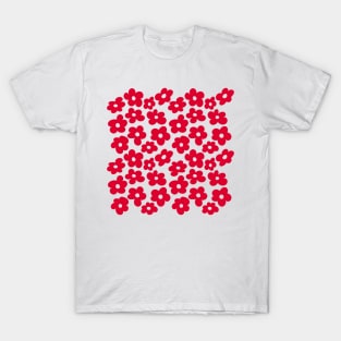 Red Flowers Retro Daisy on a Pink Background T-Shirt